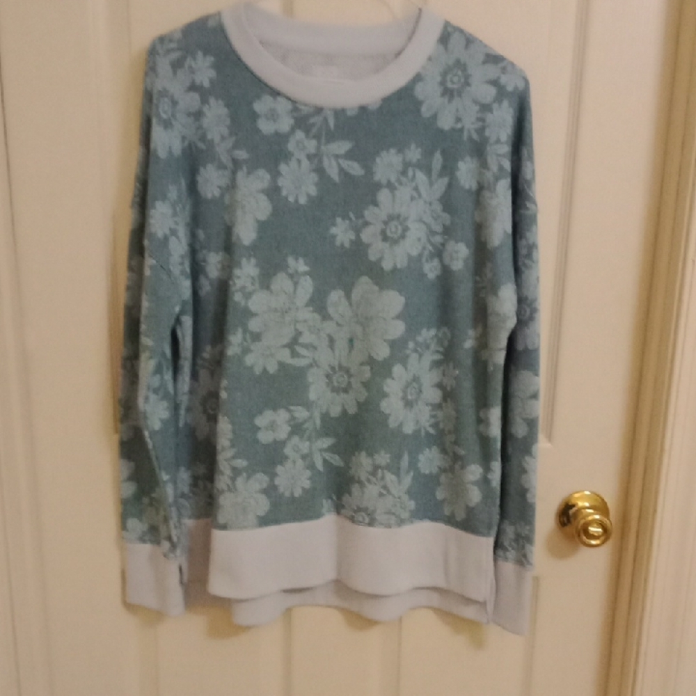Blue and White Crew Neck Floral Sweater